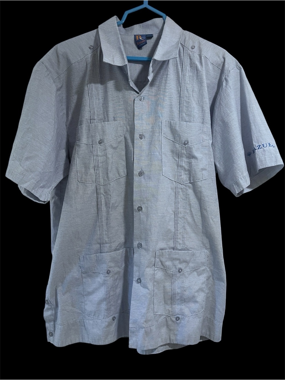 Vtg 90s Renato Collezioni Cuban Shirt Button Up 4 Pocket Blue Mens L Guayabera